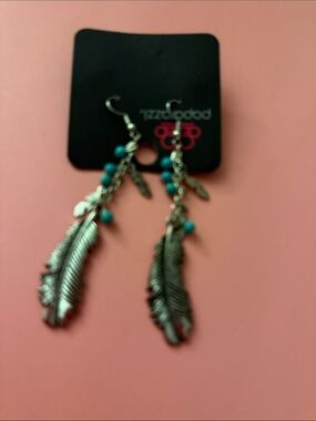 Good2Go Silver Feather Dangle Earrings with Turquoise Beads